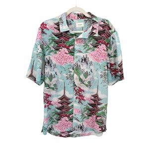 7Diamonds Mens Five Story Pagoda Japanese Print Rayon Shirt Blue Large SMK-6279
